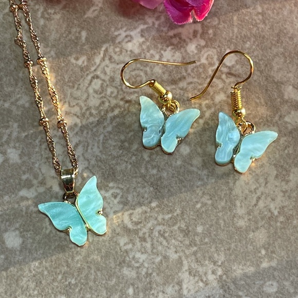 🌸 2PC: EARRINGS & NECKLACE BOHO SET BUTTERFLY BUNDLE SET BLUE FAIRY PRETTY CHIC - Picture 6 of 11
